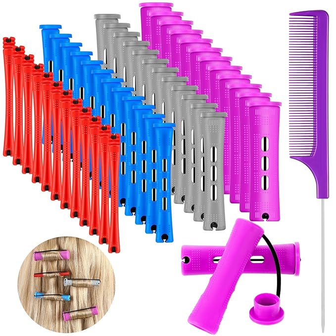 48 Pieces Hair Perm Rods Short Cold Wave Rods Plastic Perming Irons Hair Curling Rollers Curlers with Steel Pintail Comb Rat Tail Comb for Hairdressing Styling Supplies(4 Sizes,4 Colors)-Velvo Beauty