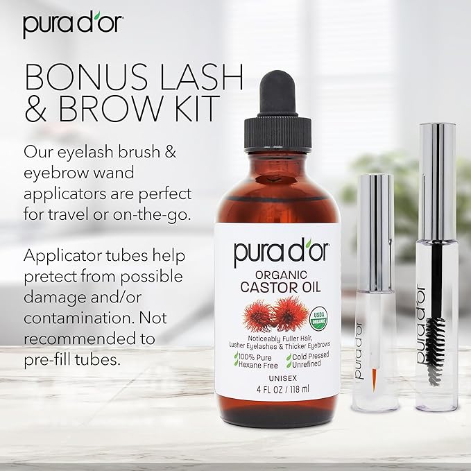 PURA D'OR 4 Oz ORGANIC Castor Oil - w/ 2 BONUS Empty Brushes - 100% Pure USDA Certified Cold Pressed, Hexane Free Eyelash & Eyebrow Serum - For Fuller, Thicker Lashes & Brows - Skin & Hair-Velvo Beauty