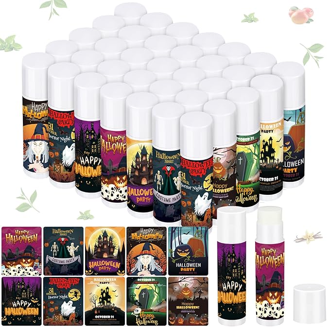 Dunzy 50 Pcs Halloween Lip Balm Bulk Spooky Lip Balm Gifts Bulk Vintage Halloween Wedding Favors Halloween Stuffers for Adults Halloween Party Supplies for Baby Shower, 10 Style, 5 Fruit Flavors-Velvo Beauty