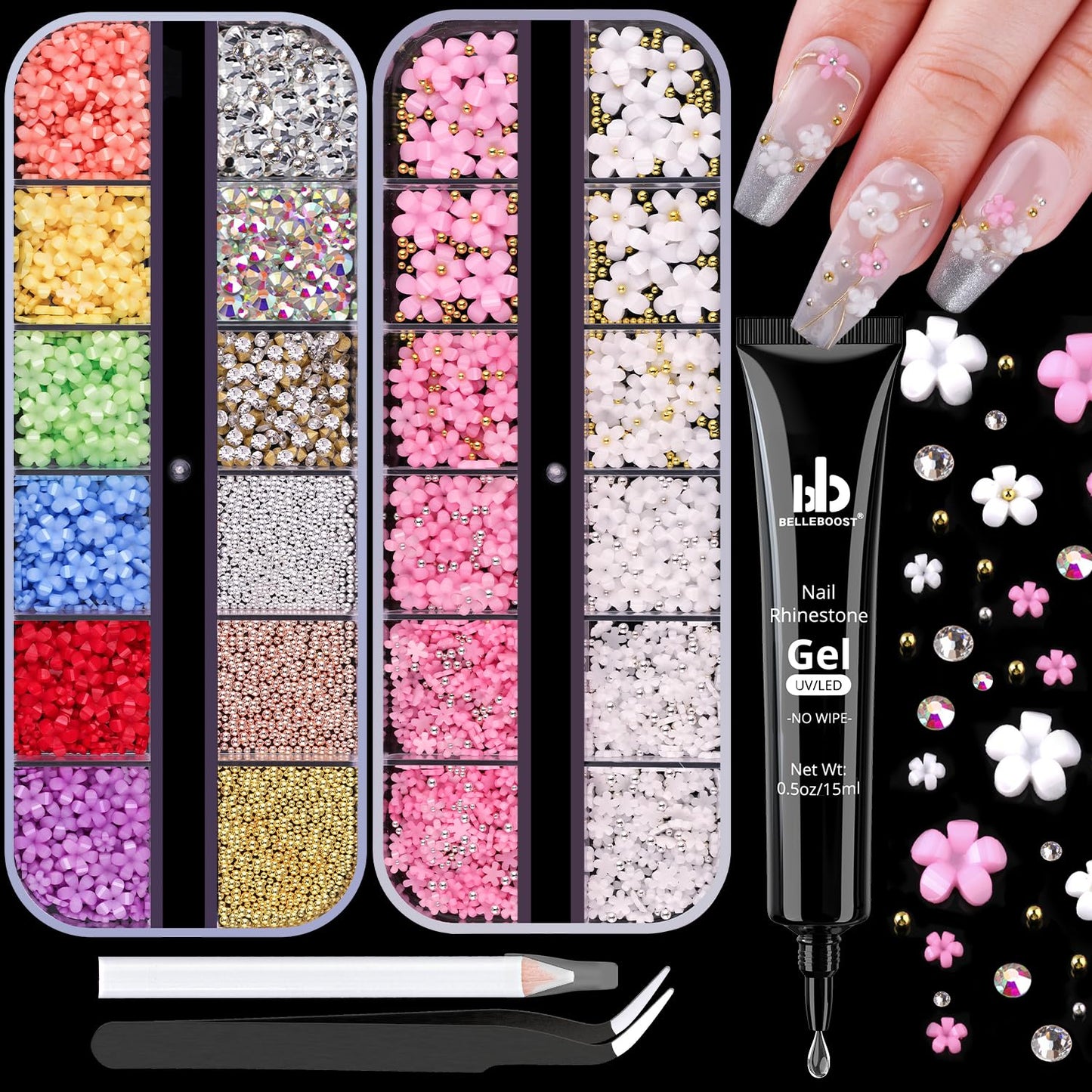 3D Flowers Nail Charms and Gems with Nail Rhinestone Glue Gel, Cute Colorful Acrylic 3D Flowers for Nails with Caviar Beads, Rhinestones for Nails and Gem Glue with Pickup & Dotting Tools-Velvo Beauty
