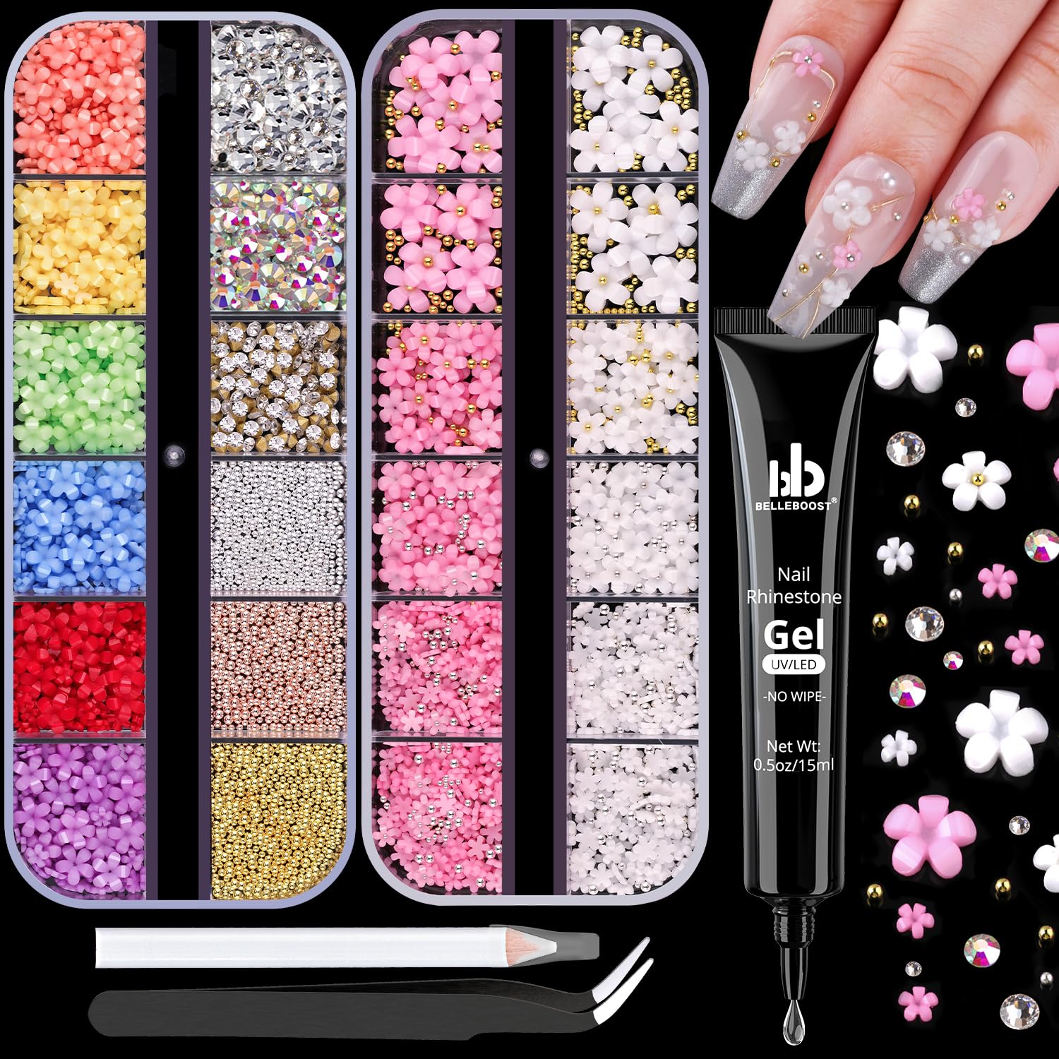 3D Flowers Nail Charms and Gems with Nail Rhinestone Glue Gel, Cute Colorful Acrylic 3D Flowers for Nails with Caviar Beads, Rhinestones for Nails and Gem Glue with Pickup & Dotting Tools-Velvo Beauty