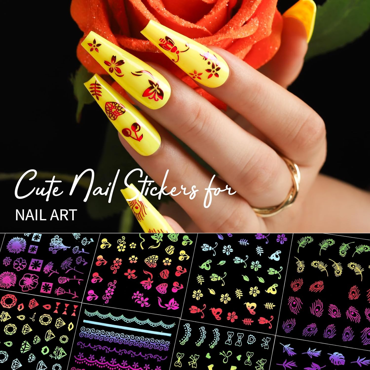 Teenitor 50 Sheets Nail Art Stickers, Rainbow Nail Stickers for Nail Art Nail Decals for Kids, Women, Fingernail in Halloween Christmas, Nail Supplies-Velvo Beauty