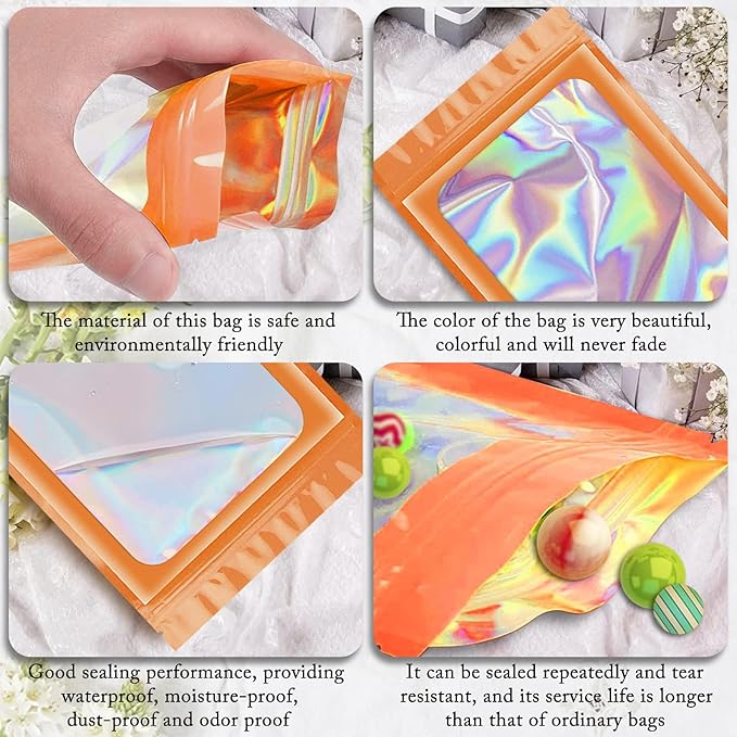 ANZNKU 100 Pcs Smell Proof Mylar Resealable Bags, Holographic Packaging Bags, Resealable Odor Foil Pouch Zip Bag with Clear Window for Food Storage and Lipgloss, Jewelry Lash (Orange, 4.7 x 7.9 Inch)-Velvo Beauty