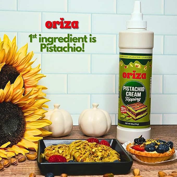 Oriza Pistachio Cream Topping, 28oz Bottle – Premium Pistachio Spread with 30% Pistachios, Palm Oil Free, Non-GMO, Natural Color – Dessert, Latte & Baking Cream-Velvo Beauty