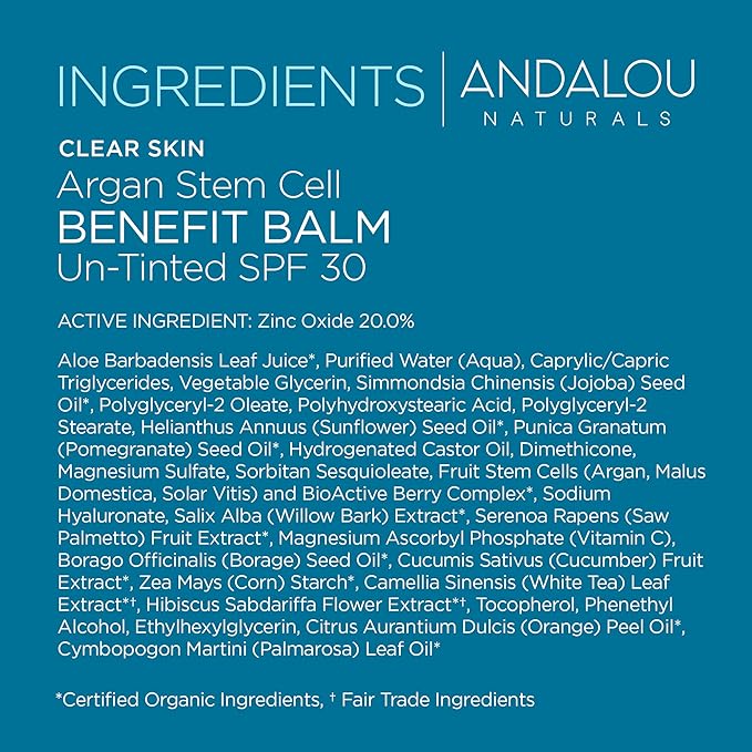 Andalou Naturals CLEAR SKIN Argan Stem Cell BB Benefit Balm, Un-Tinted SPF 30, 2-in-1 BB Cream & Face Sunscreen with Broad Spectrum Protection, Mineral Sunscreen for Oily Skin, 2 Fl Oz-Velvo Beauty
