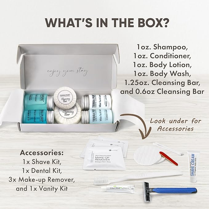 Terra Pure White Tea & Coconut Amenity & Accessory Kit |1 oz Travel Size Shampoo, Conditioner, Lotion, Body Wash, 2 Cleansing Bars, Shave & Dental Sets, Make-Up Remover Wipes, & Vanity Kit | 1 Box-Velvo Beauty