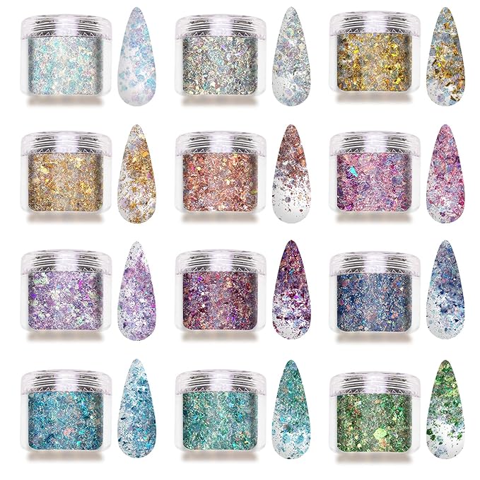 Allstarry 12 Colors Chunky Glitter Holographic Craft Glitter Cosmetic Nail Art Sequins Mixed Fine Glitter Flakes for Nails Art Decoration Hair Eyes Face Body, Resin Tumblers, Epoxy, Slime-Velvo Beauty