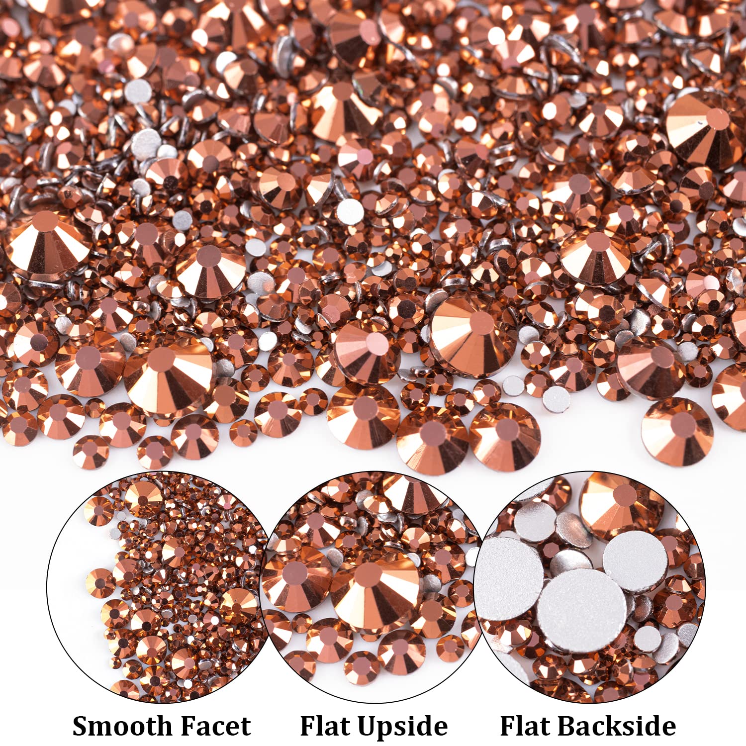 One Pack 2000 Pcs of Flatback Round Rose Gold Rhinestones 6 Sizes (1.5-6 mm) with Nail Art Rhinestone Picker Pencil and Tweezers for DIY and Salon Use-Velvo Beauty