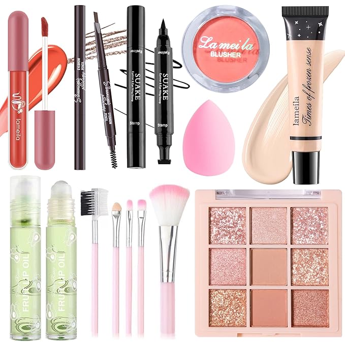 Makeup Set for Girls Teens Women, Makeup Present Set, Makeup Kit, Includes Eyeshadow Palette, Foundation, Blusher, Eyebrow Pencil, Eyeliner, Lip Gloss, Lip Oil, Makeup Brushes & Sponge-Velvo Beauty