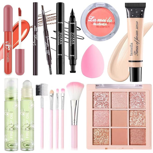 Makeup Set for Girls Teens Women, Makeup Present Set, Makeup Kit, Includes Eyeshadow Palette, Foundation, Blusher, Eyebrow Pencil, Eyeliner, Lip Gloss, Lip Oil, Makeup Brushes & Sponge-Velvo Beauty