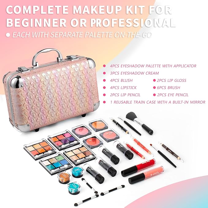Hot Sugar All In One Makeup Set for Teen Girls - Full Makeup Kit for Beginners With Eye Shadow Palette, Blush, Lip Gloss, Brush, Mirror (Pink Heart)-Velvo Beauty