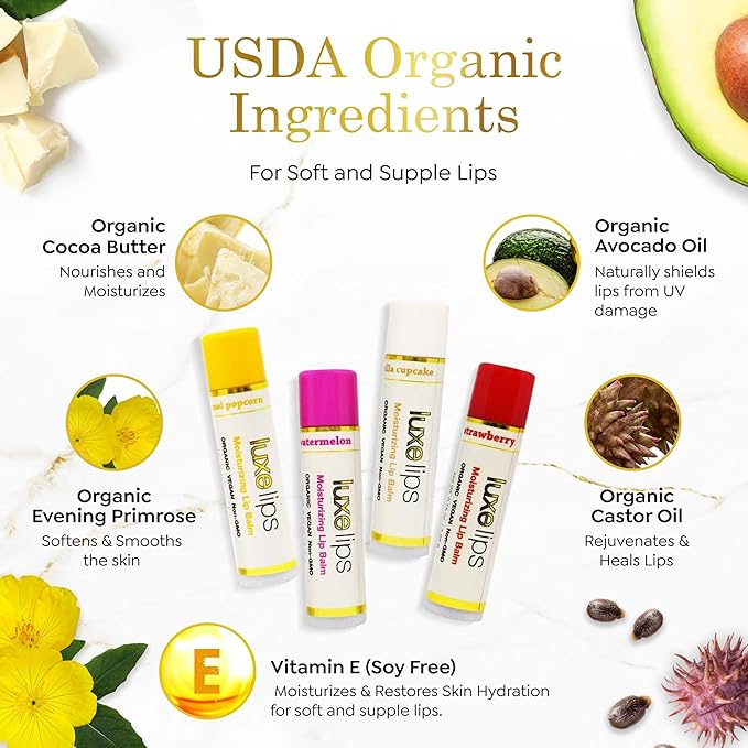 Luxe Beauty No-Beeswax & Petroleum Organic Lip Moisturizer – Vegan Lip Balm for Men & Women – For Sun/Wind Damage, Dryness & Chapping – 4-Pack Hydrating Lip Care Products That Work Over/Under Lipstick-Velvo Beauty