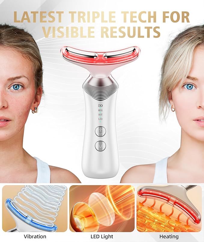 9-in-1 Red-Light-Therapy-for-Face-and-Neck, Portable Facial Massager Tool with Adjustable Vibration & Thermals for Wrinkles, Double Chin, White-Velvo Beauty