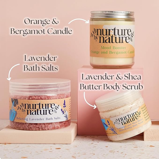 Nurture by Nature RELAX & CALM Spa Kit - Mothers Day Gifts - Spa Gift Baskets For Women, Complete Bath Sets for Women Gift - Lavender Pillow Mist, Bath Salts, Bath Bomb - Self Care Gift Basket-Velvo Beauty