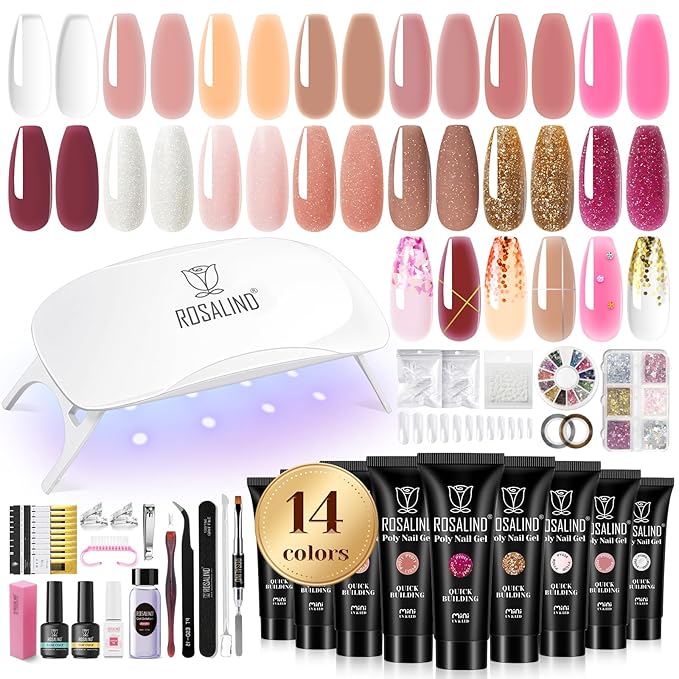 ROSALIND Poly Nail Gel Colors Kit -14 Colors +72 Nail Art Accessories kit Glitter Poly Nails Gel Kit Starter Kit with Mini UV Lamp Slip Solution Nude Pink Poly Nail Art for Beginners with Everything-Velvo Beauty