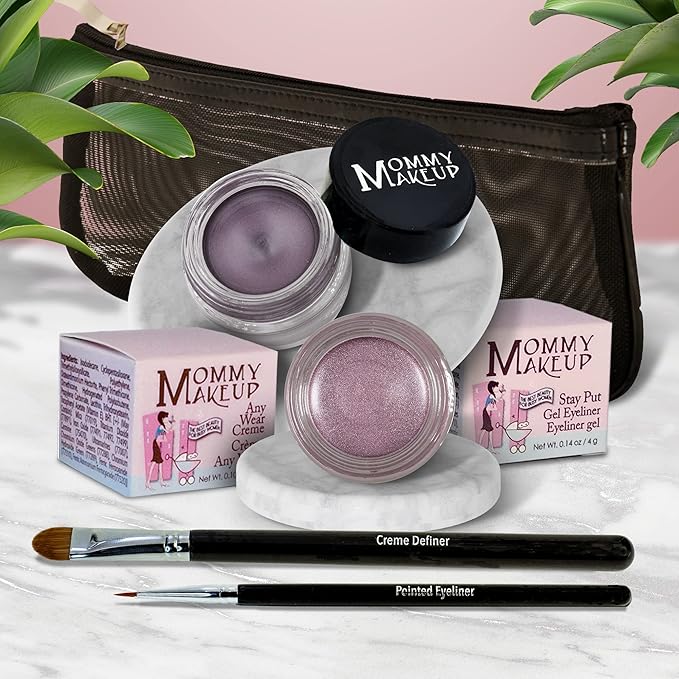 The Everlasting Eye 5 Piece Waterproof Makeup Set. Gel Eyeliner, Creme Eyeshadow, 2 brushes and Mesh Bag. Paraben-free, Talc-free, Cruelty-free. Elsa/Amethyst 1106-Velvo Beauty