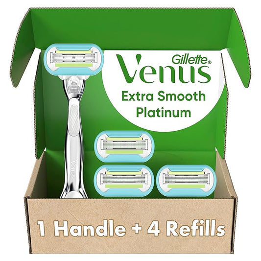 Gillette Venus Platinum Extra Smooth Metal Handle Women's Razor Handle + 4 Blade Refills, Pivoting Head and Ribbon of Moisture-Velvo Beauty