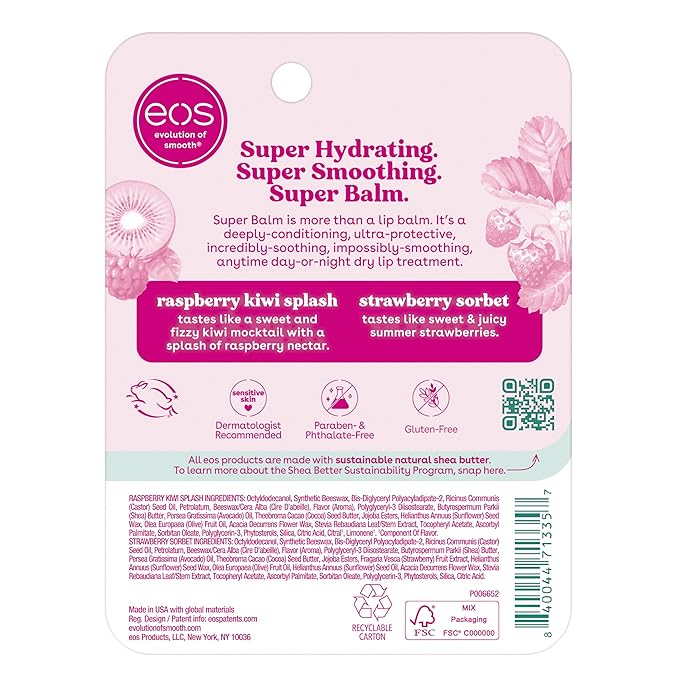 eos 24H Moisture Super Balm- Raspberry Kiwi Splash & Strawberry Sorbet, Lip Mask, Day or Night Lip Treatment, Made for Sensitive Skin, 0.35 fl oz, 2-Pack-Velvo Beauty