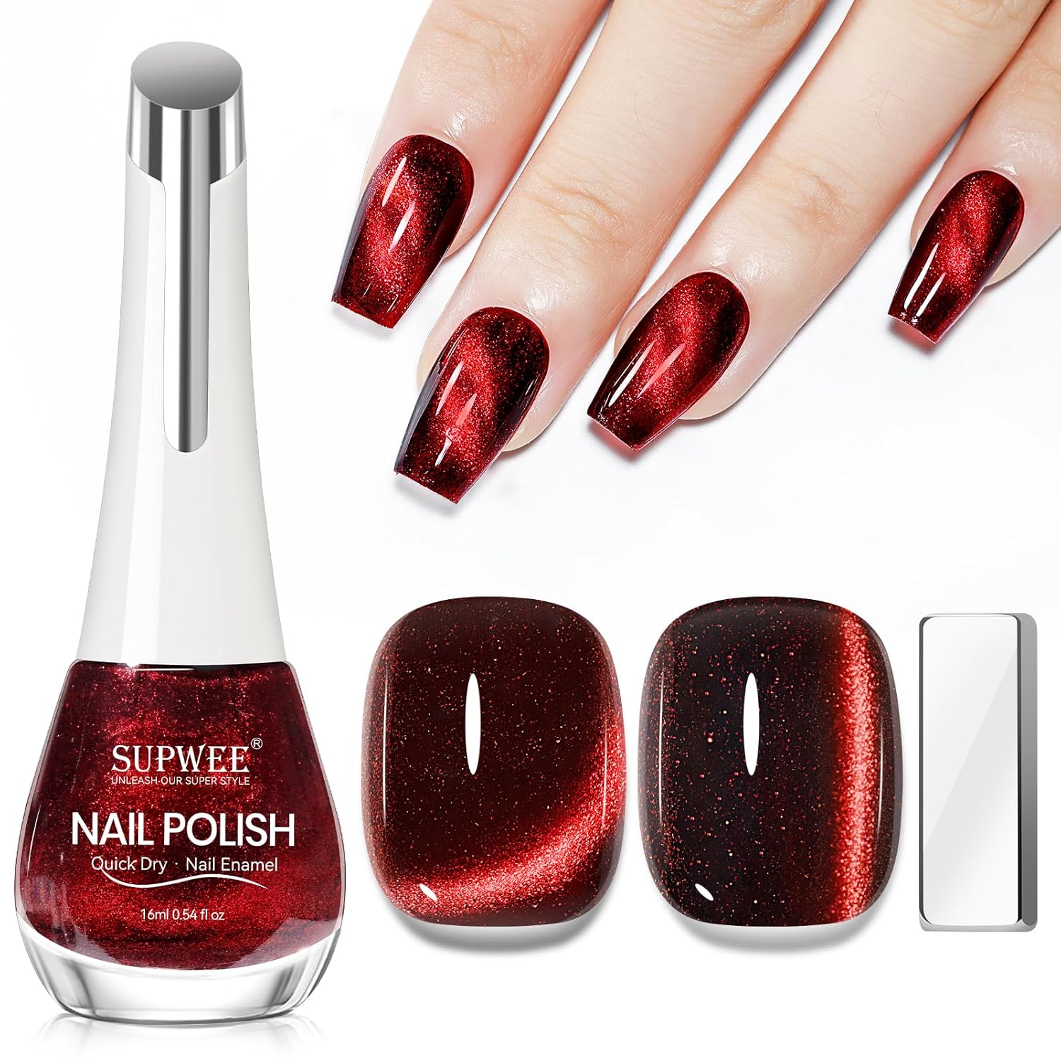 Red Magnetic Nail Polish Non Gel, Cat Eye Nail Polish Quick Dry Lacquer Manicure Gift For Women Girls 16ml/0.54 oz-Velvo Beauty
