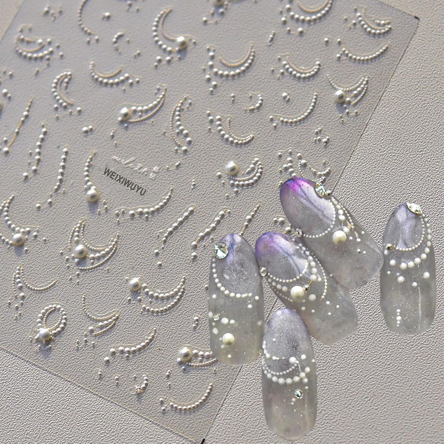 White French Tips Pearls Nail Art Stickers 5D Embossed Romantic Nail Stickers Line Nail Decals Design Nail Accessories for Women Valentine's Day Nail Art Decoration-Velvo Beauty