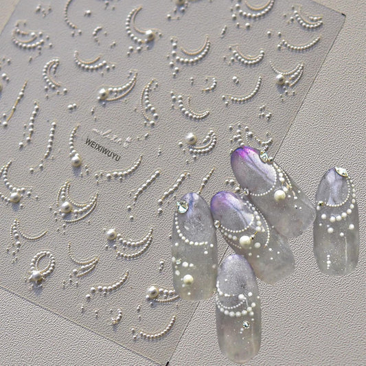 White French Tips Pearls Nail Art Stickers 5D Embossed Romantic Nail Stickers Line Nail Decals Design Nail Accessories for Women Valentine's Day Nail Art Decoration-Velvo Beauty