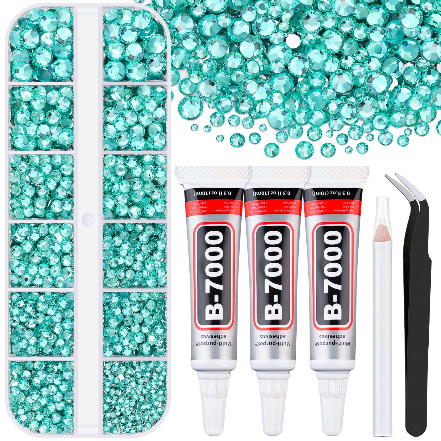 6000Pcs Resin Rhinestones for Bedazzling with 3Pcs B7000 Jewelry Glue, 1 Box Aquamarine Flatback Rhinestones for Crafting Crafts DIY, Crystals Gems for Clothing Shoes Tumblers Nail Art Makeup-Velvo Beauty