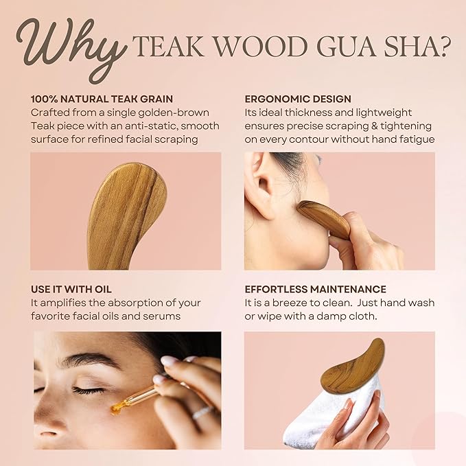 Teak Wood Gua Sha Facial Tool for Face and Body Massage, Anti-Aging Reduce Puffiness Wrinkles Shape Jawline Skincare Routine Treatment, Wooden Gua Sha Massager with Travel Pouch for Gift Set-Velvo Beauty