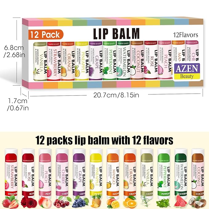 AZEN 12 Pack Lip Balm, Natural Lip Balm Bulk, Lip Care Product, Moisturizing Lip Balm for dry cracked lips - 12 Flavors-Velvo Beauty