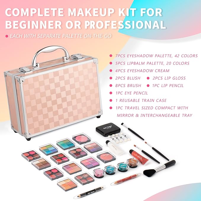 Hot Sugar Makeup Kit for Teenager Girls - Full Starter Cosmetics Set with Eye Shadow Lip Balm Blush Lip Gloss Brush Lip Pencil Eye Pencil and Mirror (Gold Check)-Velvo Beauty