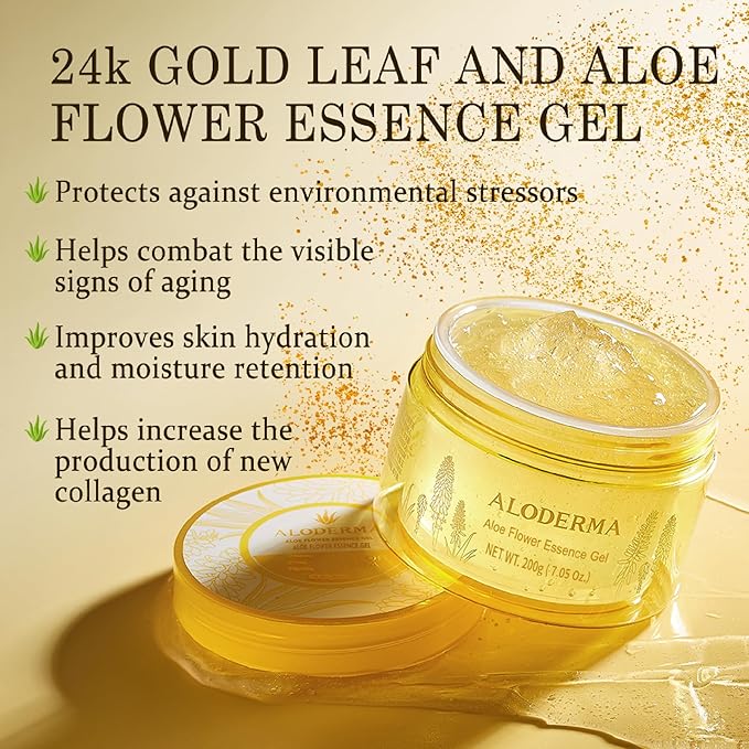 Aloderma Age-Defying Aloe Flower Essence Gel with 24K Gold Leaf, Made within 12 Hours of Harvest - Luxurious Aloe Gel with Allantoin & Hyaluronic Acid for a Shimmering, Youthful Complexion, 7oz 3-Pack-Velvo Beauty
