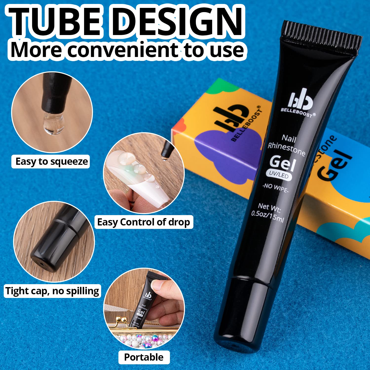 Nail Art Rhinestone Glue Gel&2 Boxes Flatback Gems Kit, 1 Tube of 15ml Rhinestone Gel Glue(UV/LED Needed)+Crystal AB Gems with Pickup Tools-Velvo Beauty