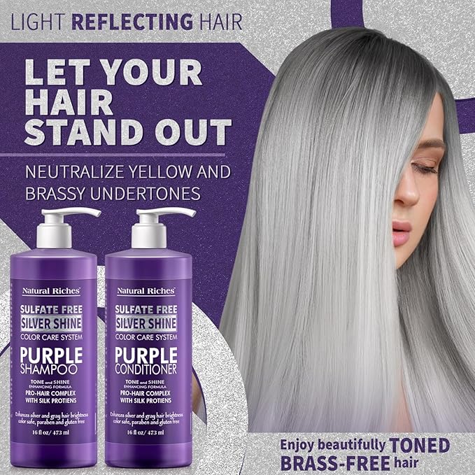 Natural Riches Radiant Silver Shine Purple Shampoo and Conditioner Set for Gray Hair - Paraben-Free and Color Safe – With Silk Proteins, Tones Dull Hair, Softens & Adds Shine - 16 fl oz-Velvo Beauty