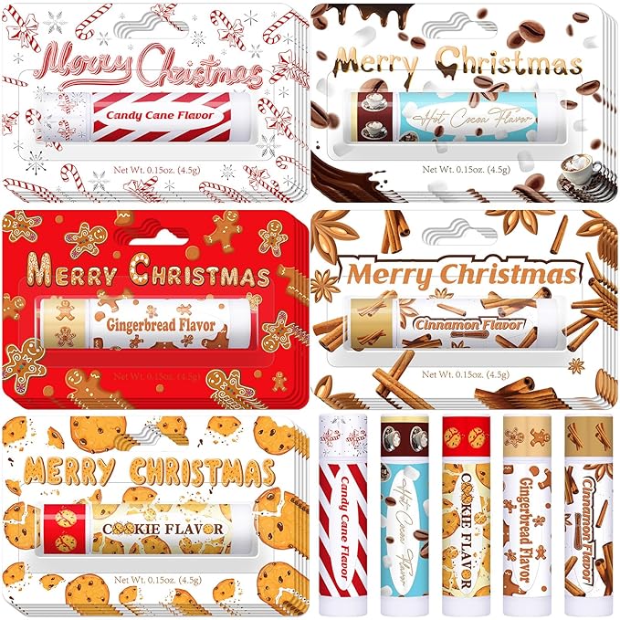 25 Pcs Christmas Lip Balms Stocking Goodie Bags Stuffers Bulk Xmas Gifts Candy Hot Cocoa Cookie Cinnamon Gingebread Biscuits Flavor 5 Style Holiday Treat Small Gifts Party Supplies-Velvo Beauty