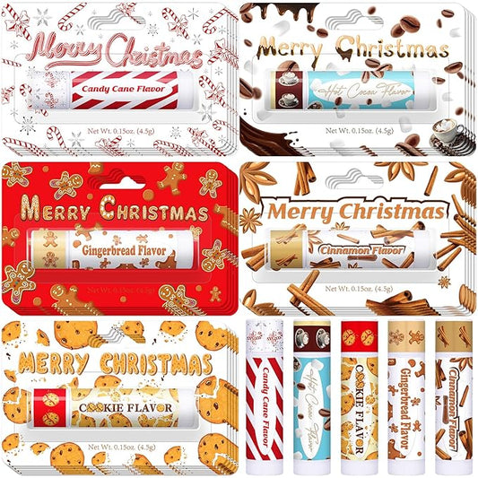 25 Pcs Christmas Lip Balms Stocking Goodie Bags Stuffers Bulk Xmas Gifts Candy Hot Cocoa Cookie Cinnamon Gingebread Biscuits Flavor 5 Style Holiday Treat Small Gifts Party Supplies-Velvo Beauty