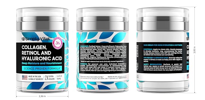 SimplyVital Collagen, Retinol & Hyaluronic Acid Cream - Anti-Aging Retinol Cream for Face, Neck & Décolleté - Made in USA - Daily Moisturizer Face Cream - 3.38 fl oz-Velvo Beauty