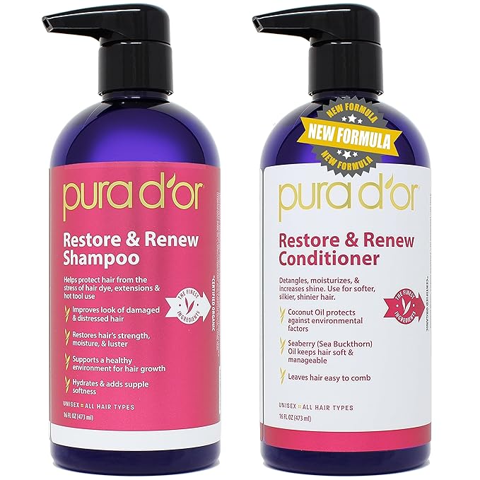 PURA D'OR Restore & Renew Shampoo and Conditioner Set for Strong, Healthy, and Nourished Hair with Organic Aloe Vera, Rosemary, Sea Buckthorn, Cacay, Coconut, Seaberry & Cedarwood-Velvo Beauty