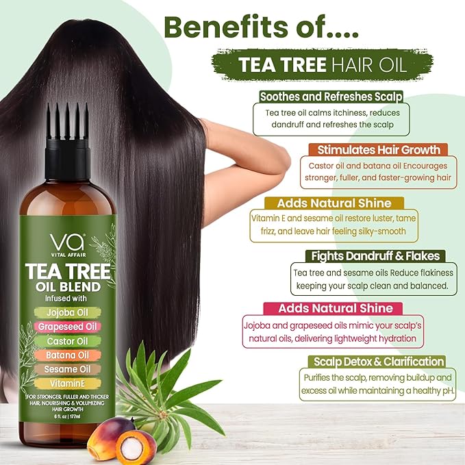 Tea Tree Oil For Hair With Jojoba, Castor, Batana Oil - Tea Tree Hair And Scalp Treatment - Hair Oil For Dandruff - Helps Strengthen, Volumize & Promotes Hair Growth - 6 Fl Oz-Velvo Beauty