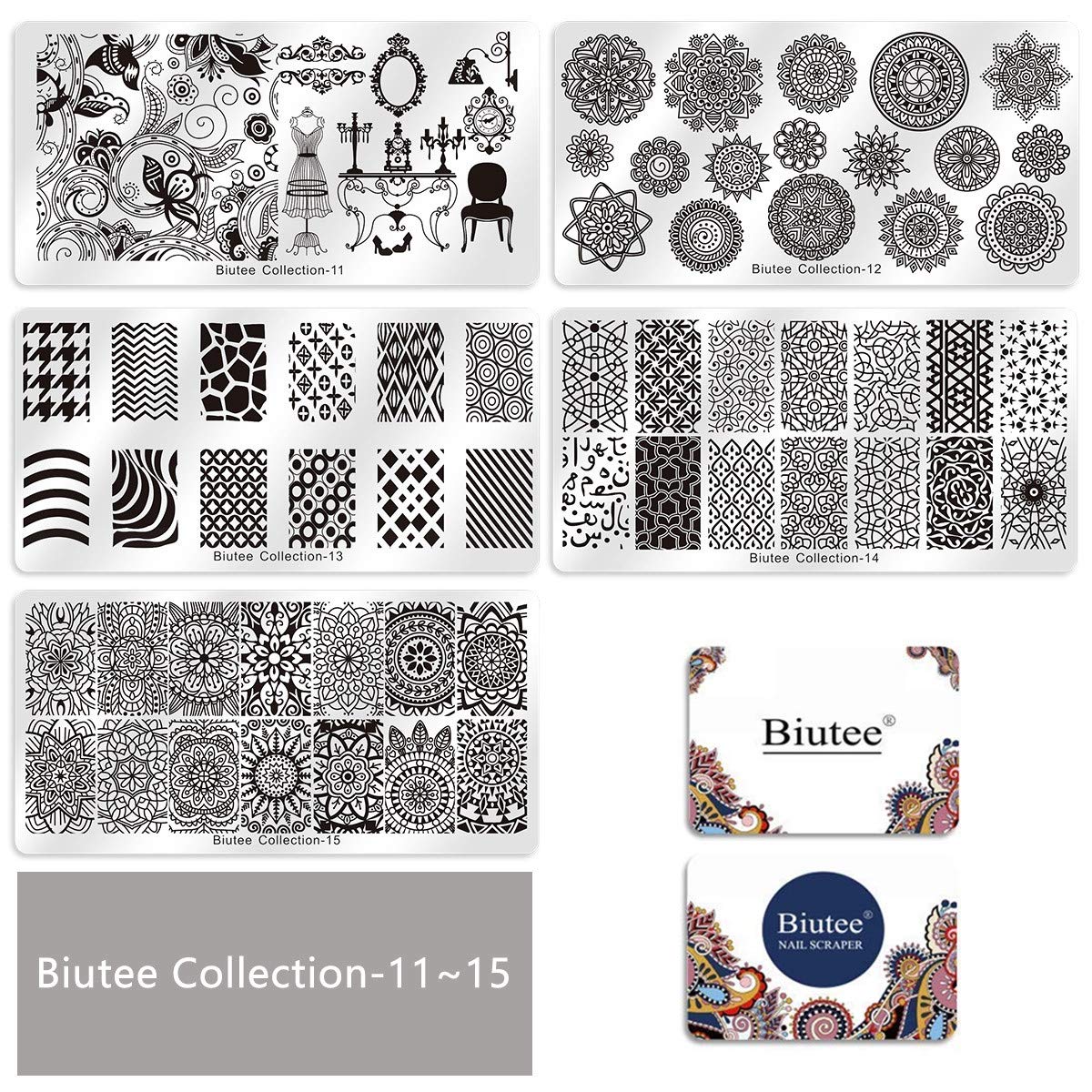 Biutee 19pcs Nail Stamp Plates set 15 plate 1Stamper 2Scraper 1storage bag Nails Art Stamping Plate Scraper Stamper Set Leaves Flowers Animal Nail plate Template Image Plate-Velvo Beauty