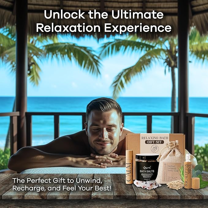 Relaxing Bath Gift Set, Luxury Spa Gifts for Women, Self Care Products for Women and Men, Calm Essential Oil Roller, Oatmeal Lavender Bath Soak & Epsom Salts with Essential Oils-Velvo Beauty