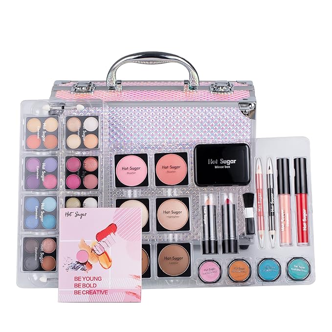 Hot Sugar Makeup Kit for Women Full Kit Teen Girls Starter Cosmetic Gift Set with Cute Mermaid Train Case Includes Pigmented Eyeshadow Palette Blush Lipstick Lip Pencil-Velvo Beauty