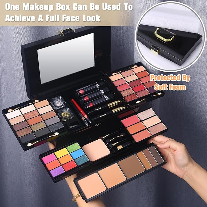 Professional Makeup Kit for Women Girl Full Kit with Mirror 60 Colors All in One Make up Gift Set Included Eyeshadow,Blusher,Highlighter,Compact Powder,Brow Powder,Lipstick,Glitter,Eyeliner,Mascara 01-Velvo Beauty