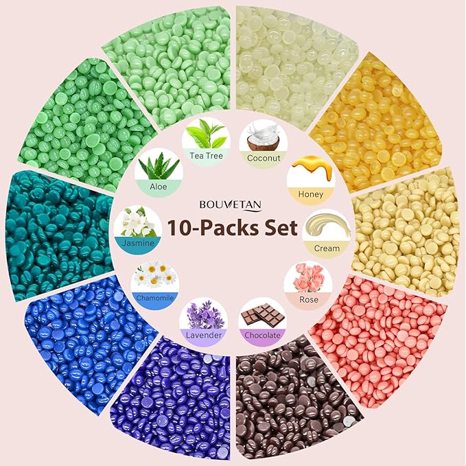 Wax Beads for Hair Removal, 2.2lb/1000g Hard Waxing Beans for Full Body, Brazilian, Bikini, Face, Eyebrows, Home Wax Refill for Women & Men, Pack of 10 with Pre & Post Oil-Velvo Beauty