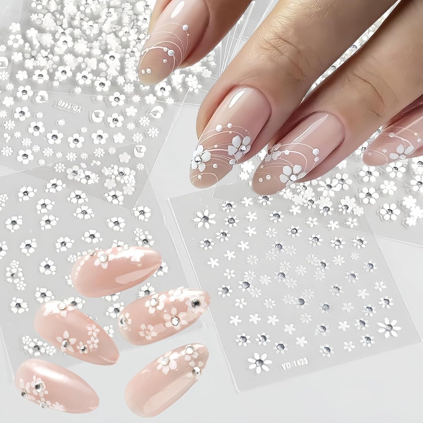 30 Sheets White Flower Nail Art Stickers, 3D Self Adhesive White Flower Nail Sticker Design Holographic Small Floral with Rhinestones Nail Art Decals Nail Supplies for Women Girls Manicure Decoration-Velvo Beauty