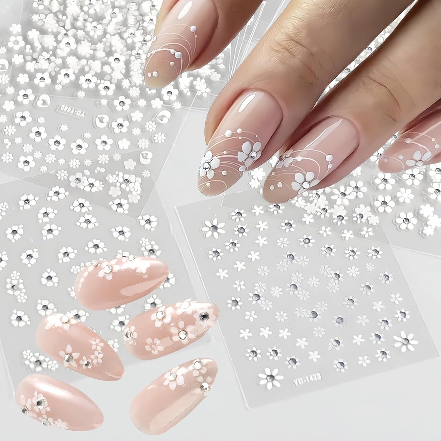 30 Sheets White Flower Nail Art Stickers, 3D Self Adhesive White Flower Nail Sticker Design Holographic Small Floral with Rhinestones Nail Art Decals Nail Supplies for Women Girls Manicure Decoration-Velvo Beauty