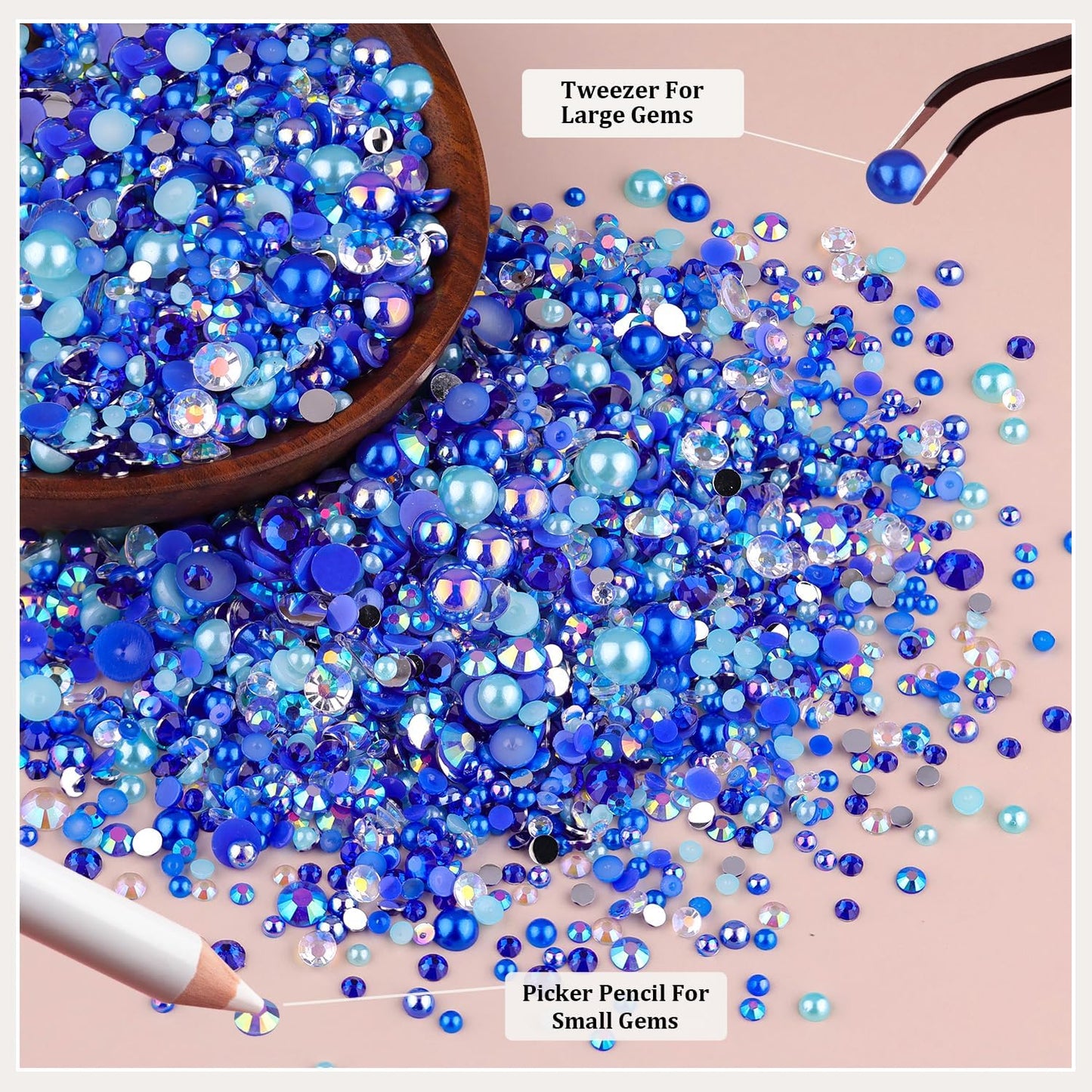 9000PCS Flatback Pearls and Rhinestones for Crafting, Dark Blue 3-10mm Resin Rhinestones and Half Pearls for Bedazzling, Nail Art and Dec with 3pcs B7000 Jewelry Glue, Tweezer and Pickup Pencil-Velvo Beauty