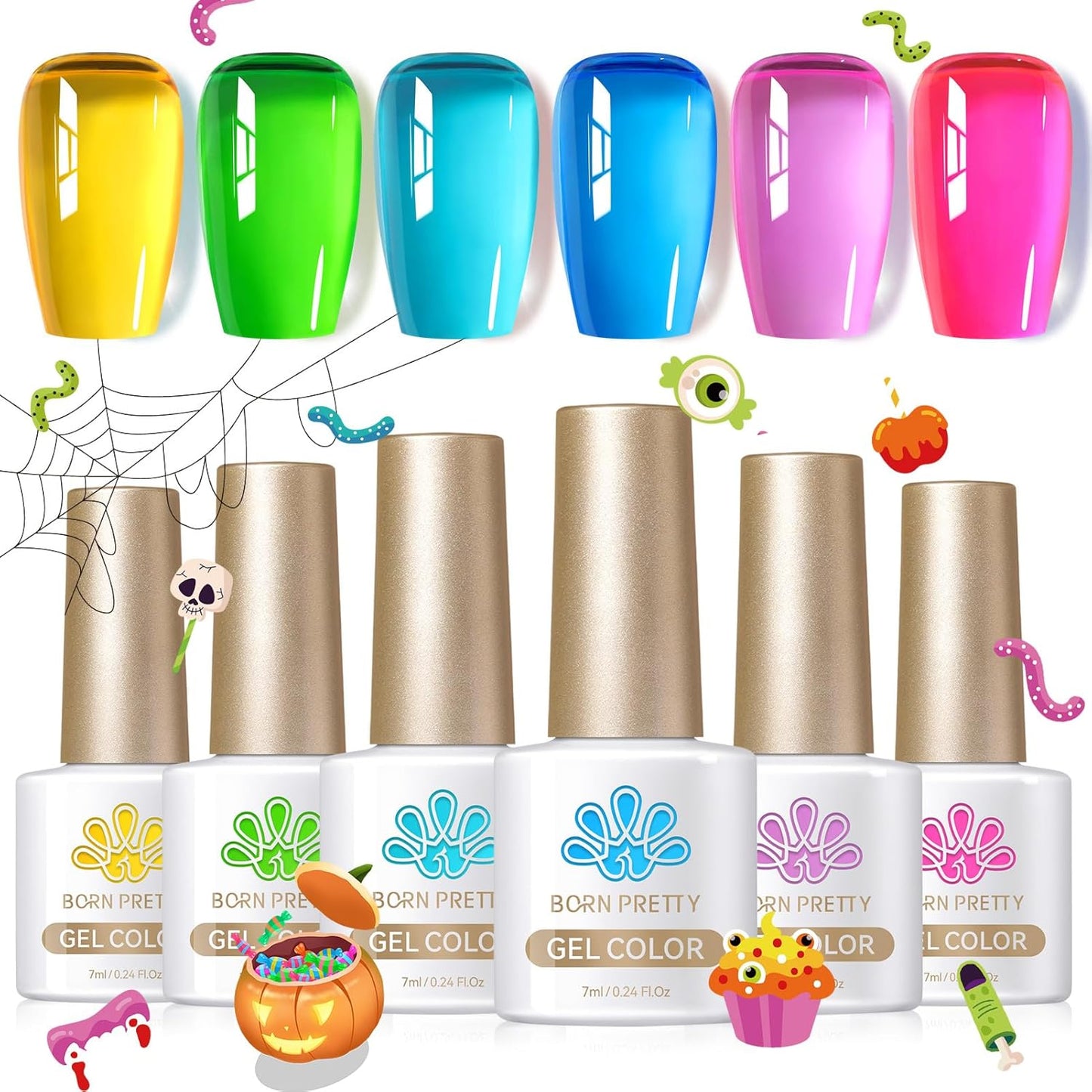 Born Pretty Jelly Gel Nail Polish Halloween Neon Gel Polish,Hot Pink Purple Blue Green Yellow 6Colors Translucent Effect,Soak Off U v LED Light Cure Nail Art Kit for Salon Manicure and DIY at Home-Velvo Beauty