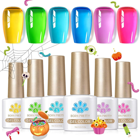 Born Pretty Jelly Gel Nail Polish Halloween Neon Gel Polish,Hot Pink Purple Blue Green Yellow 6Colors Translucent Effect,Soak Off U v LED Light Cure Nail Art Kit for Salon Manicure and DIY at Home-Velvo Beauty