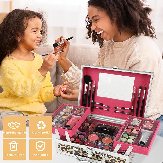 Anpro All-In-One Leopord Double Folding Makeup Carry Case with Pro Teen Makeup Set, Full Starter Kit with Makeup Brushes, Lipsticks, Eyeshadow Palette, Blushes, Glitter Gel, Ideal Present for Girls-Velvo Beauty