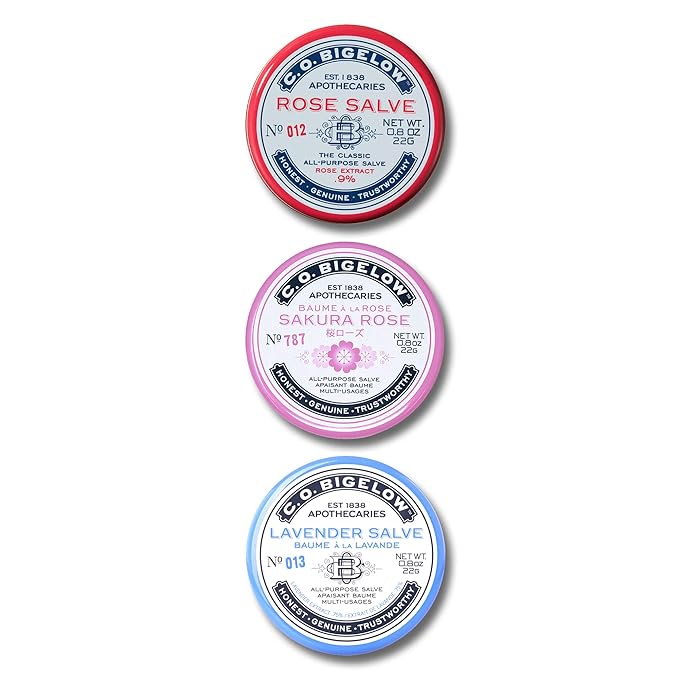 C.O. Bigelow All Purpose Salves, Variety Pack of 3 Lip Balm Tins for Chapped Lips & Dry Skin - Classic Rose, Lavender & Sakura Rose Moisturizing Lip and Skin Salves, 0.8 oz each-Velvo Beauty
