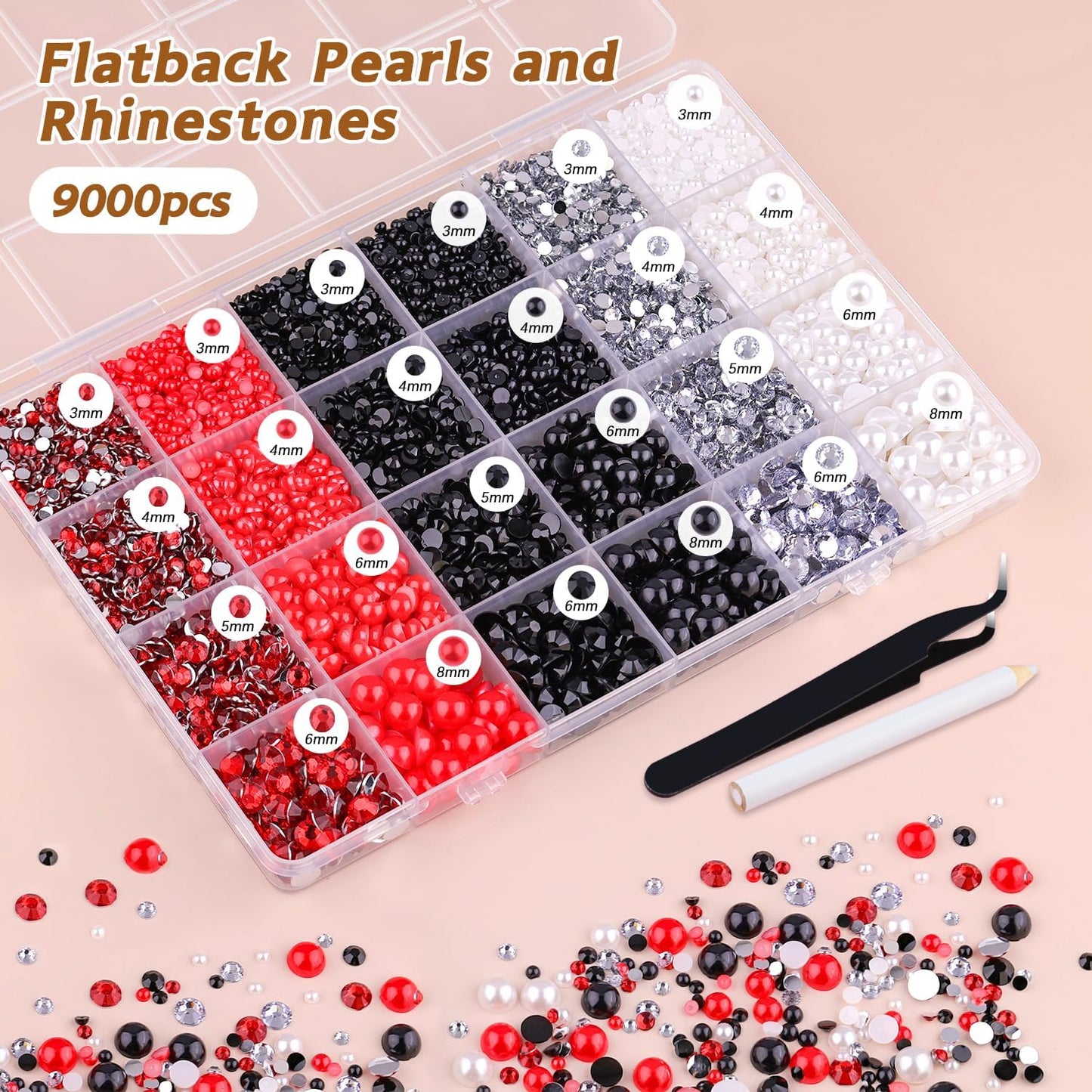 9000PCS Flatback Pearls and Rhinestones for Crafting, Red White Black Mixed Size 3-10mm Resin Rhinestones and Half Pearls for Bedazzling, Nail Art and Decoration with Tweezer and Pickup Pencil-Velvo Beauty
